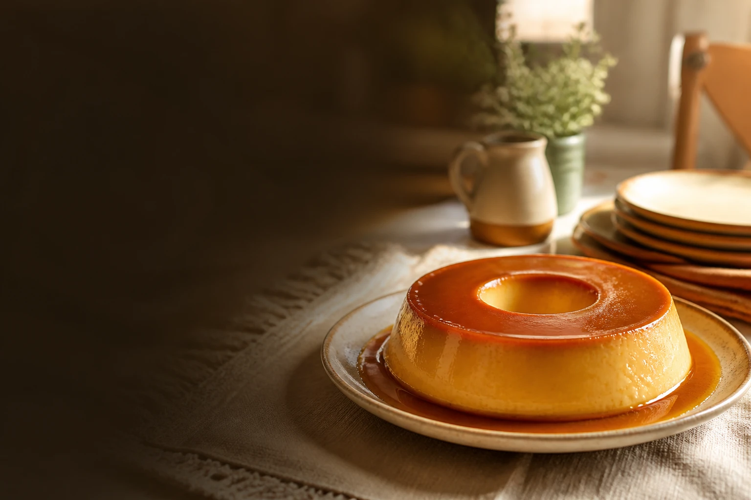 pudim caramelizado em mesa de domingo com luz natural